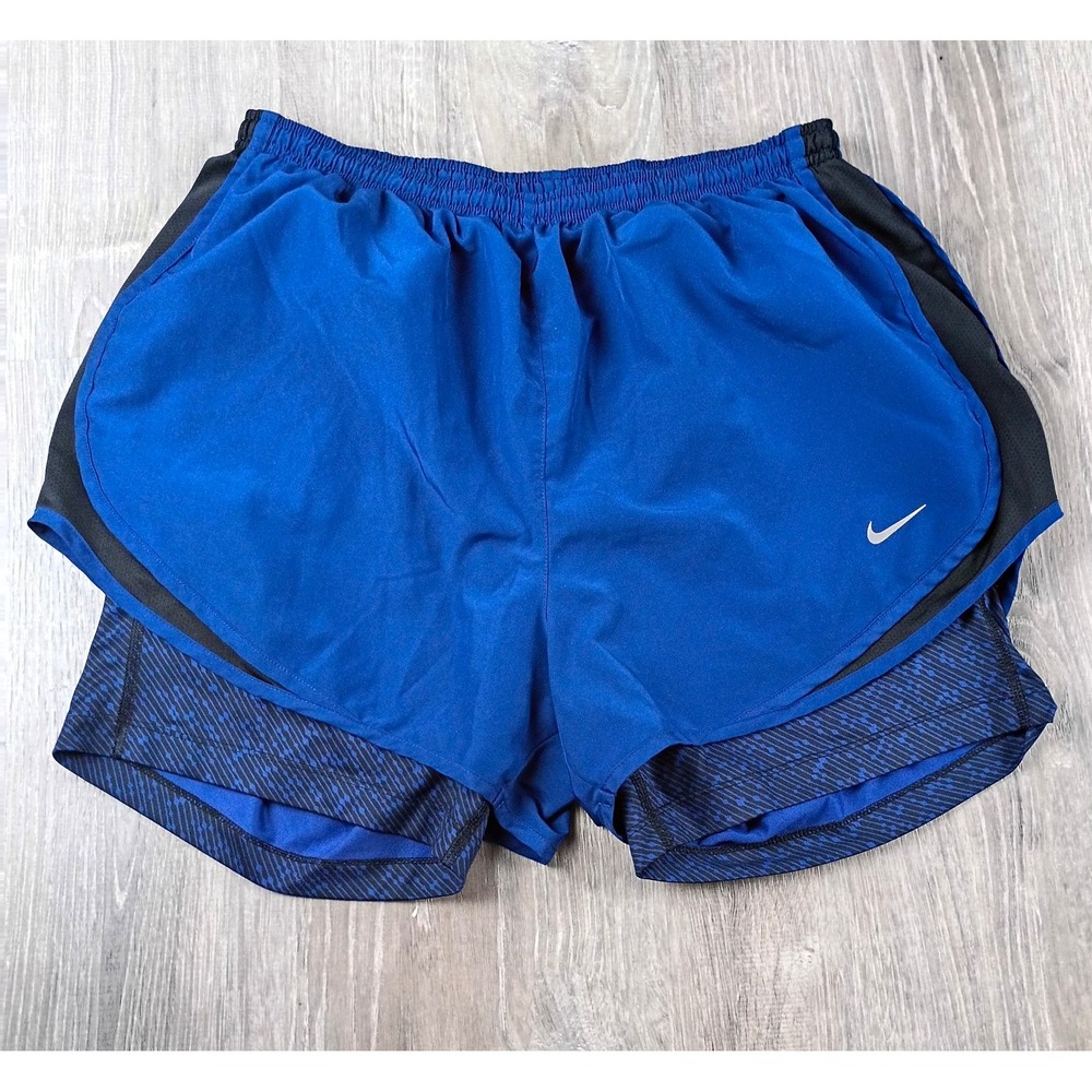 Nike Dri-FIT L Women's Blue/Black Athletic Running Shorts Elastic Waist 2 in 1